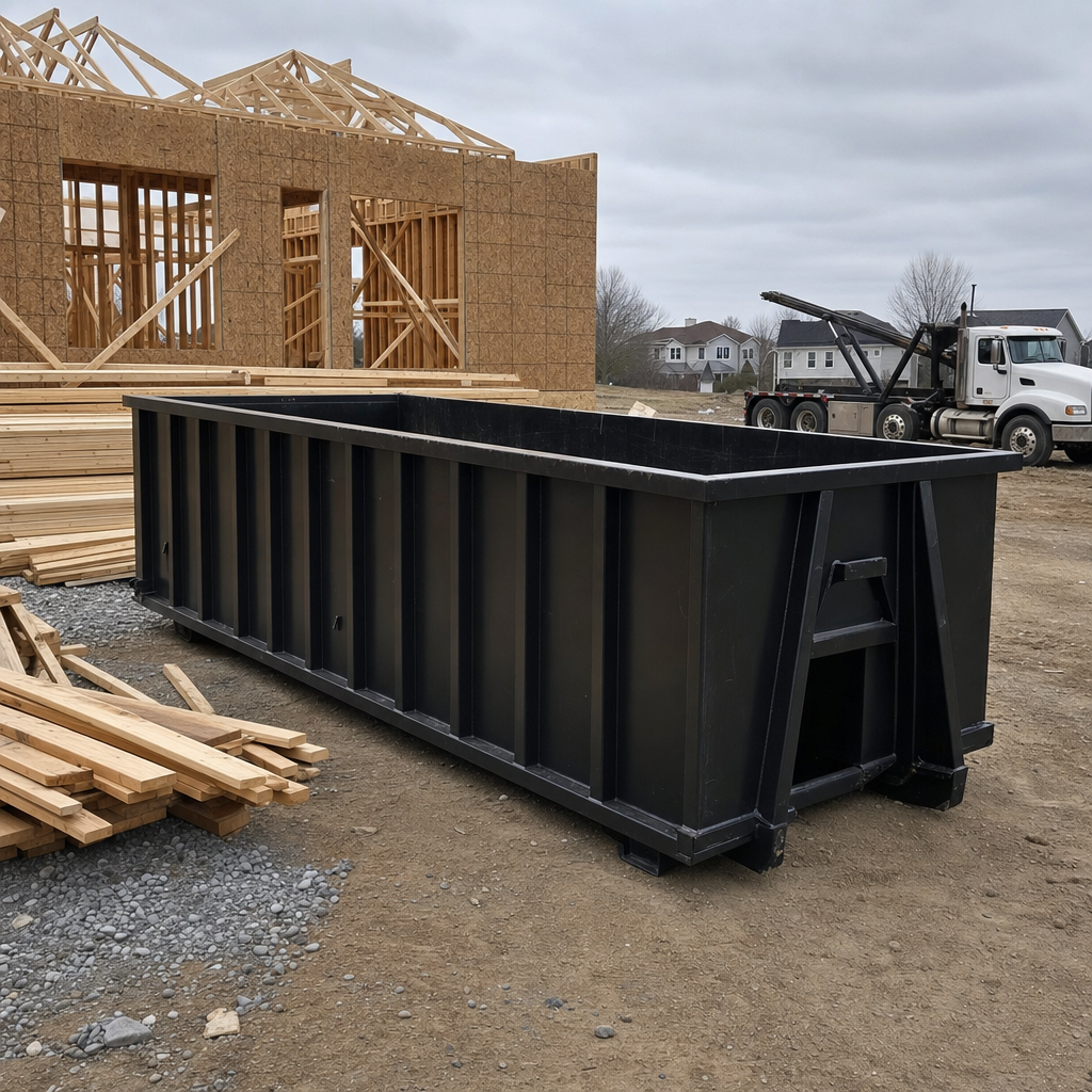 Matte-black 40-yard roll-off dumpster staged on a framed-out residential construction site in Santa Monica, framing lumber stacked nearby, hooklift delivery truck visible in the background under bright Colorado daylight