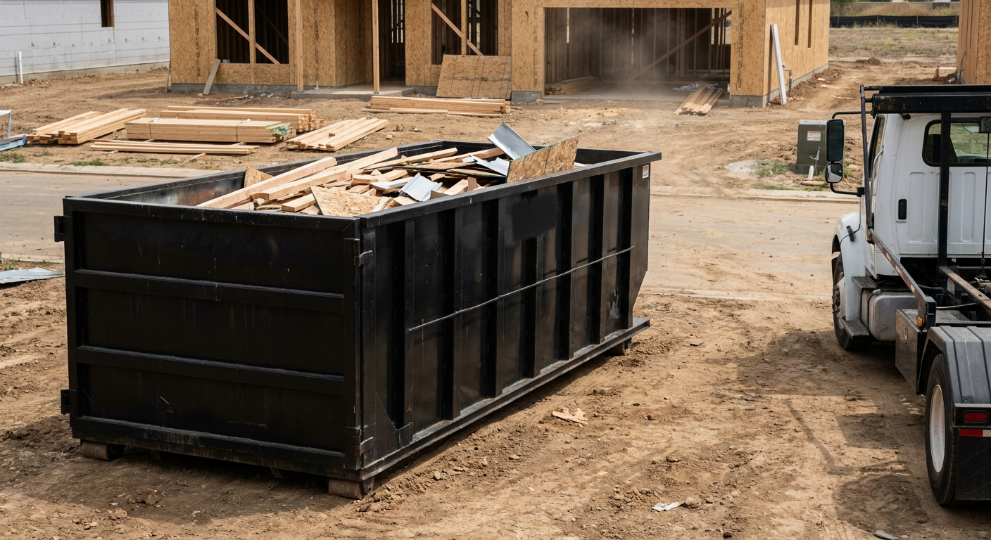 Matte-black 20-yard roll-off construction dumpster with heavy ribbed steel sidewalls and swing rear doors at a working jobsite in Santa Monica, sitting directly on compacted dirt with an unmarked white hauler partially visible at the far edge of the frame.