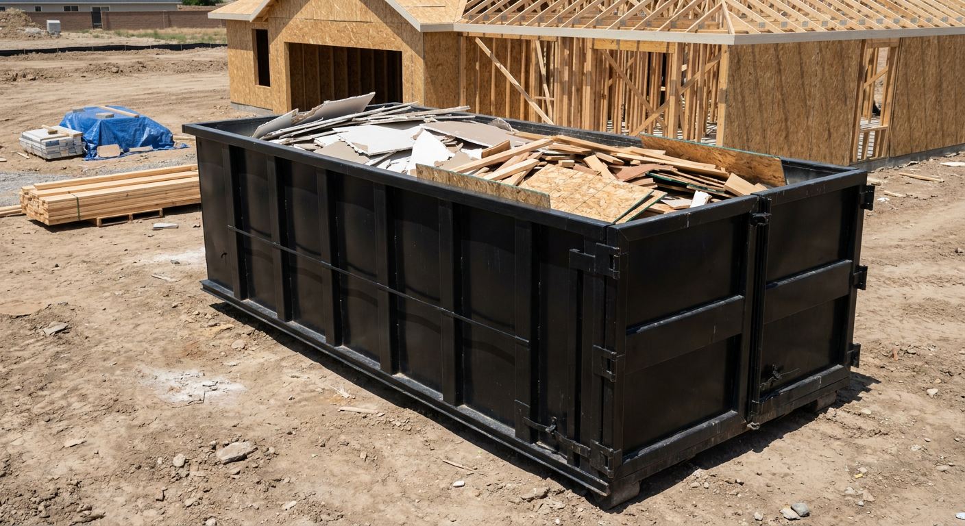 Matte-black 30-yard roll-off construction dumpster sitting directly on the compacted-dirt site of a framed single-family home build in Santa Monica, drywall and lumber scrap loaded inside.