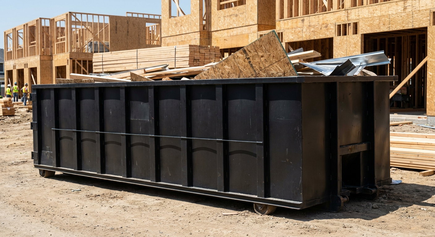 Matte-black 40-yard roll-off construction dumpster being lowered from a white-cab hooklift delivery truck onto the compacted-dirt jobsite at a commercial build site in Santa Monica