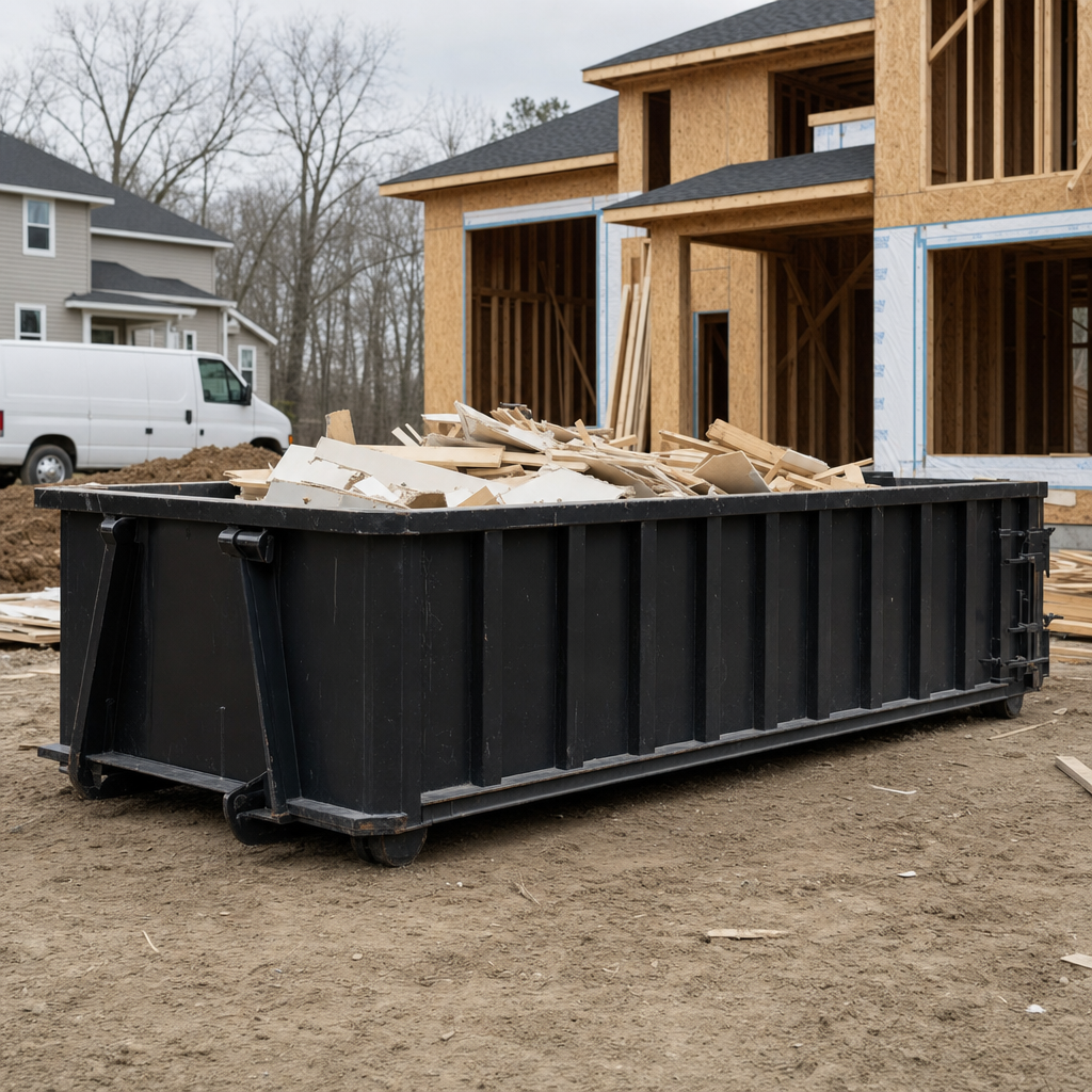 Worker in a yellow high-visibility vest tossing framing lumber and broken drywall into a matte-black 30-yard construction roll-off dumpster on an active build site in Santa Monica, bright daylight