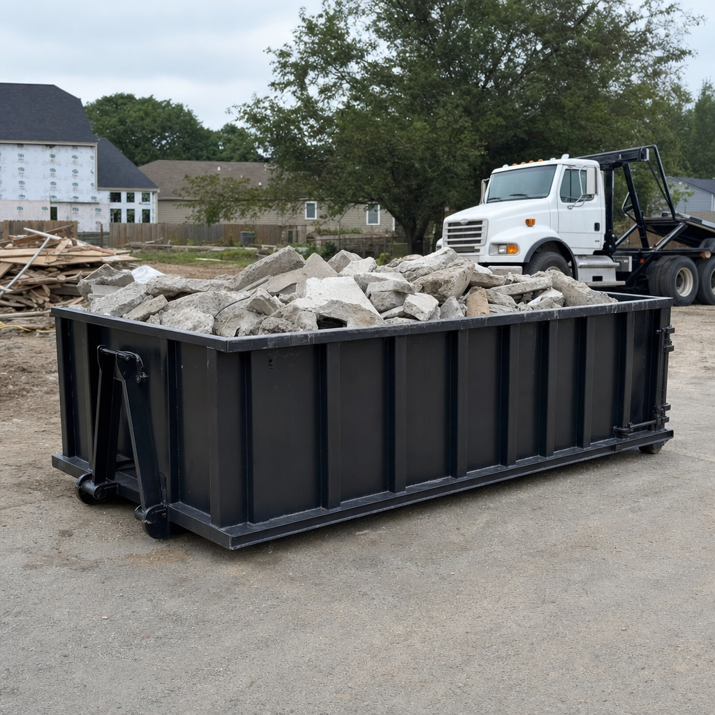 Low-profile matte-black lowboy roll-off dumpster loaded with broken concrete slab and rebar at a foundation tear-out in Santa Monica, skid steer parked beside it, sunny Colorado morning