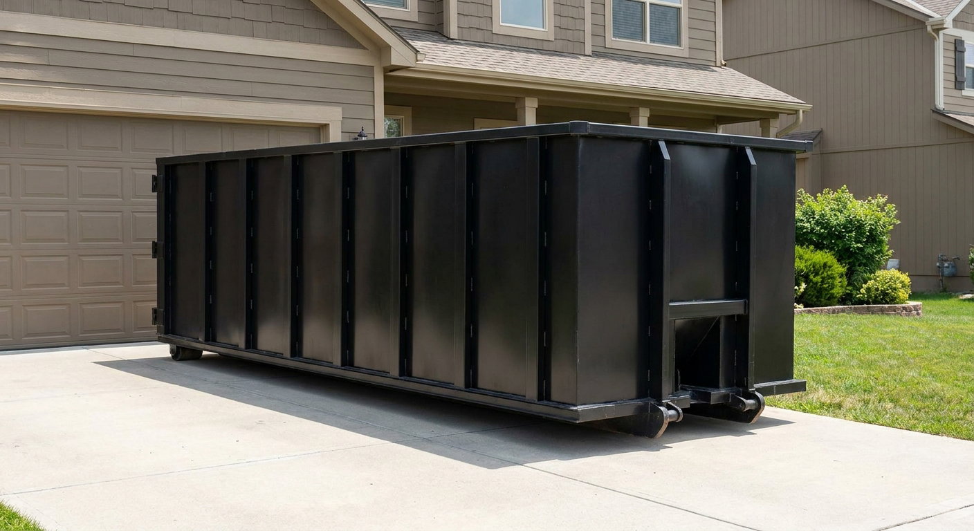 Matte-black residential roll-off dumpster sitting directly on a suburban Santa Monica concrete driveway, garage door closed, single-family home in background, bright morning daylight.