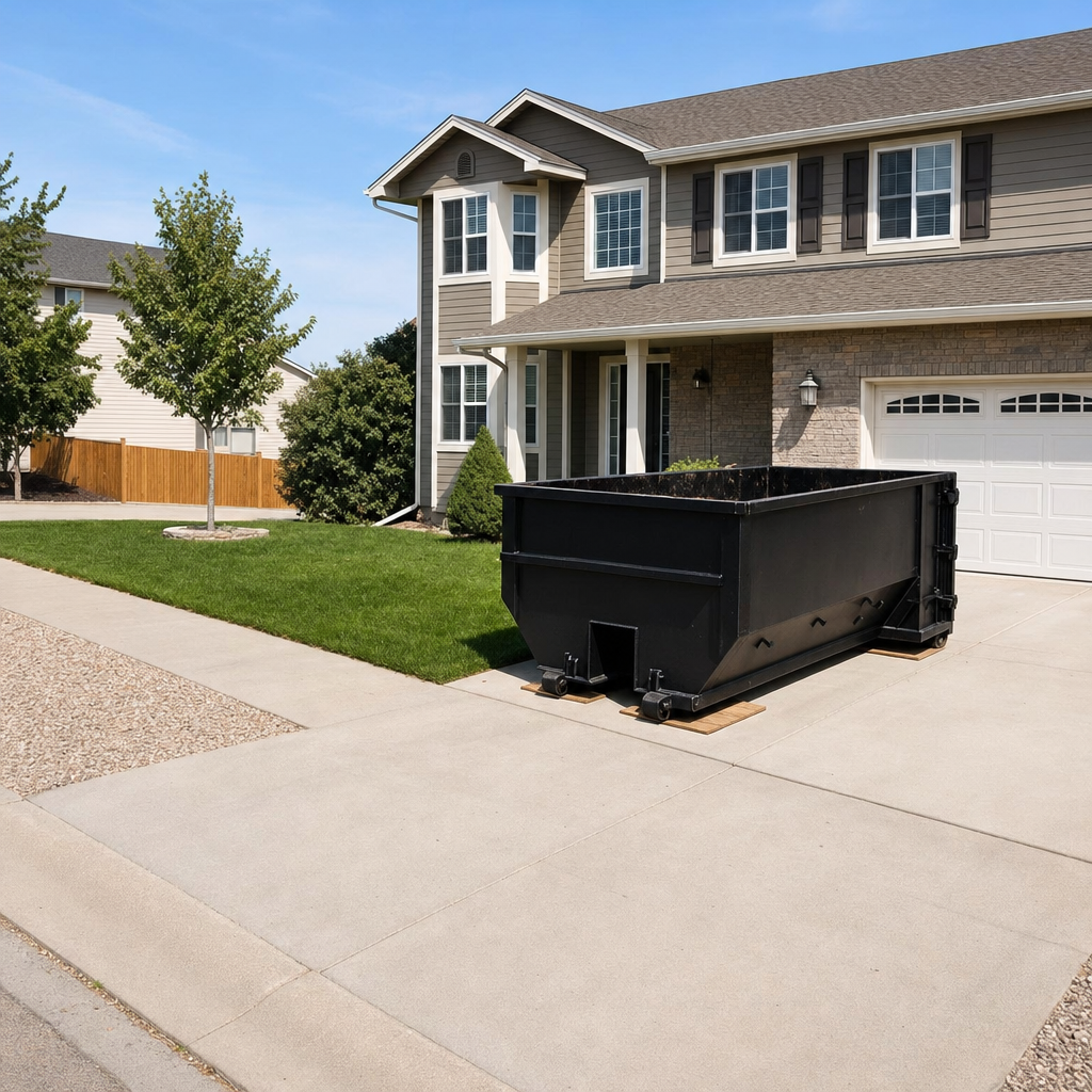 10-yard matte-black residential dumpster placed directly on a narrow Santa Monica concrete driveway, room remains for a parked sedan beside it, mid-morning natural light
