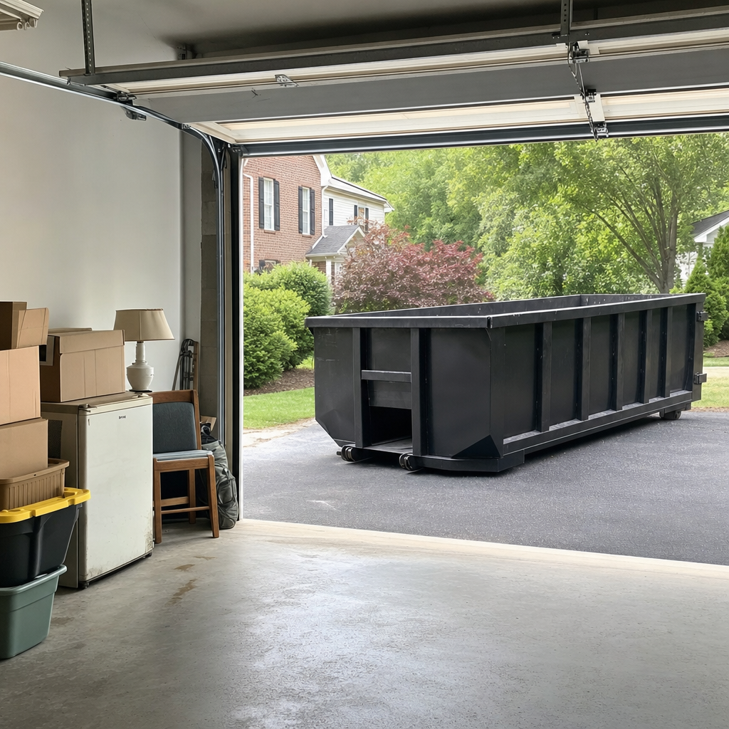 Open garage interior in a Santa Monica home mid-cleanout — boxed items, an old appliance, and stacked yard tools queued near the driveway for a matte-black roll-off dumpster, organized and calm