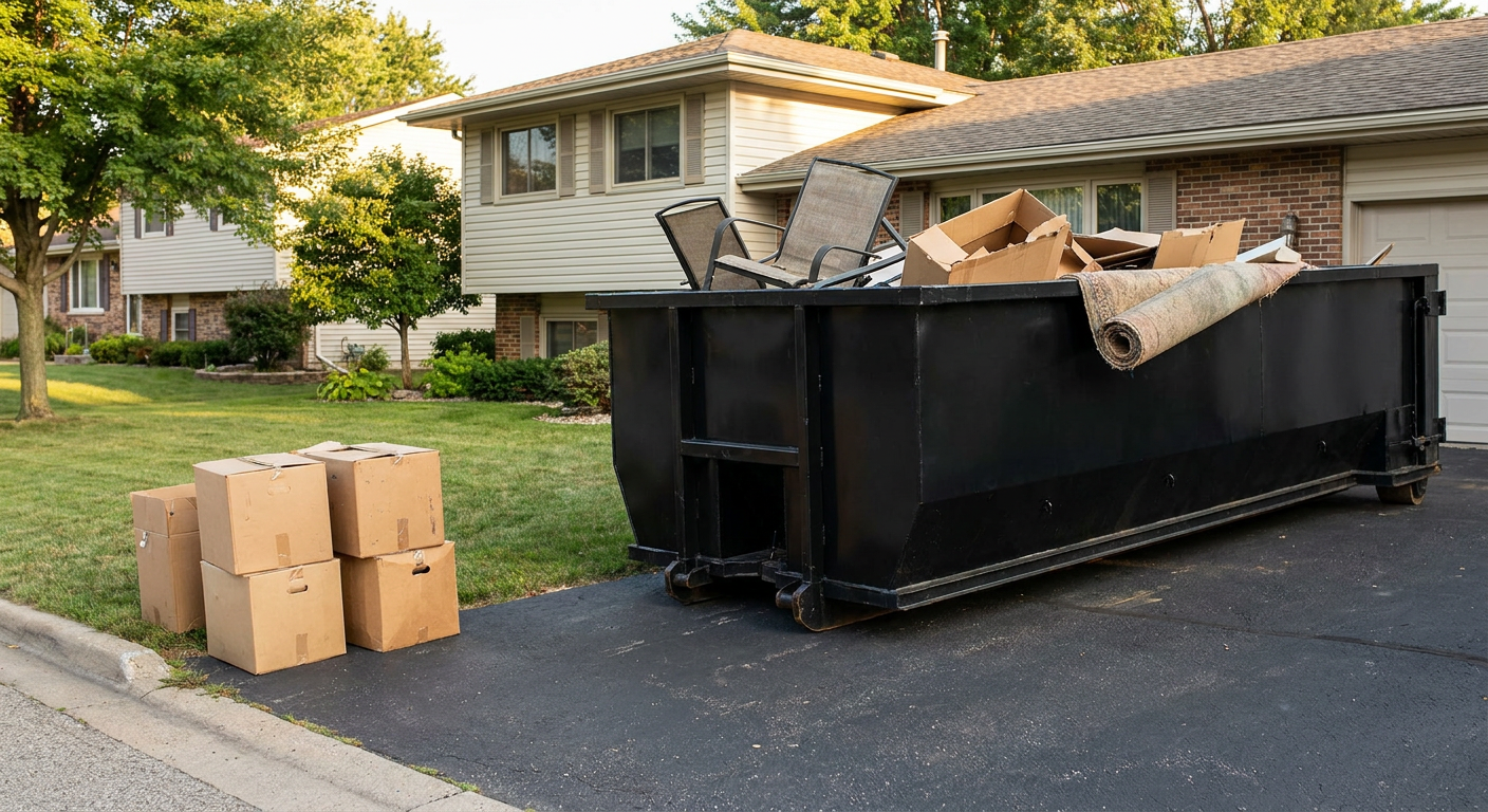 Front-yard view of a Santa Monica split-level home with a 20-yard matte-black roll-off dumpster sitting directly on the asphalt driveway, a few clearly labeled donation boxes staged at the curb, calm sunny afternoon.