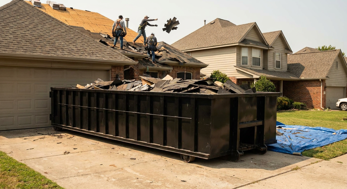 Matte-black roofing roll-off dumpster placed directly on a Santa Monica residential concrete driveway, a tear-off crew on a two-story asphalt-shingle roof tossing shingle bundles into the low-walled container, bright daylight, documentary 35mm perspective.