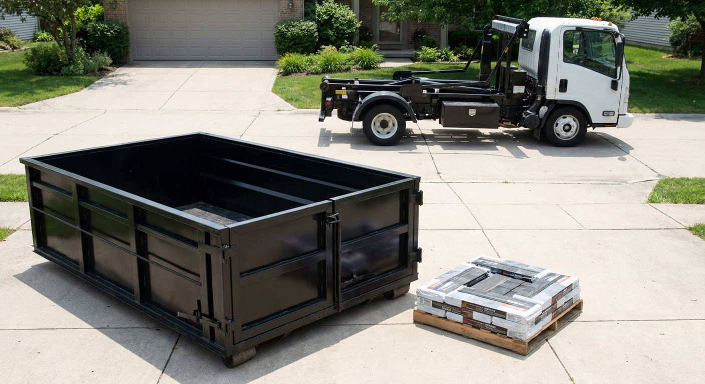 Matte-black 15-yard roofing roll-off dumpster with reinforced low side walls sitting directly on a Santa Monica residential concrete driveway, three-tab asphalt shingle bundles stacked nearby, an unmarked white hauler truck partially visible at the edge of the frame.