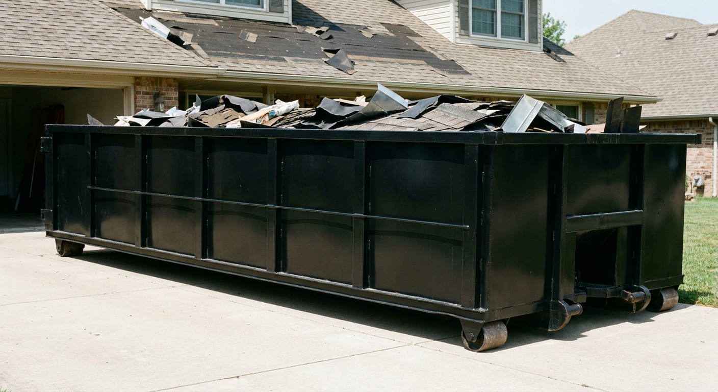 Matte-black 20-yard roofing roll-off dumpster with steel ribbed sides and swinging rear door, sitting directly on the concrete driveway of a two-story Santa Monica home, asphalt shingle debris being loaded over the low wall, clean documentary lighting.