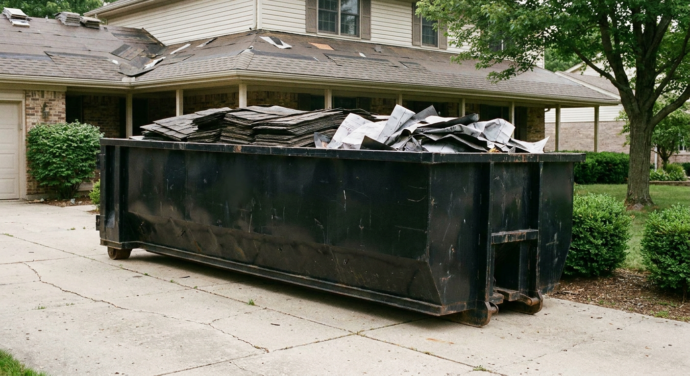 Matte-black 30-yard roofing roll-off dumpster sitting directly on a Santa Monica concrete driveway, taller ribbed steel side panels, mixed tear-off debris of asphalt shingles and underlayment inside, professional documentary daylight.