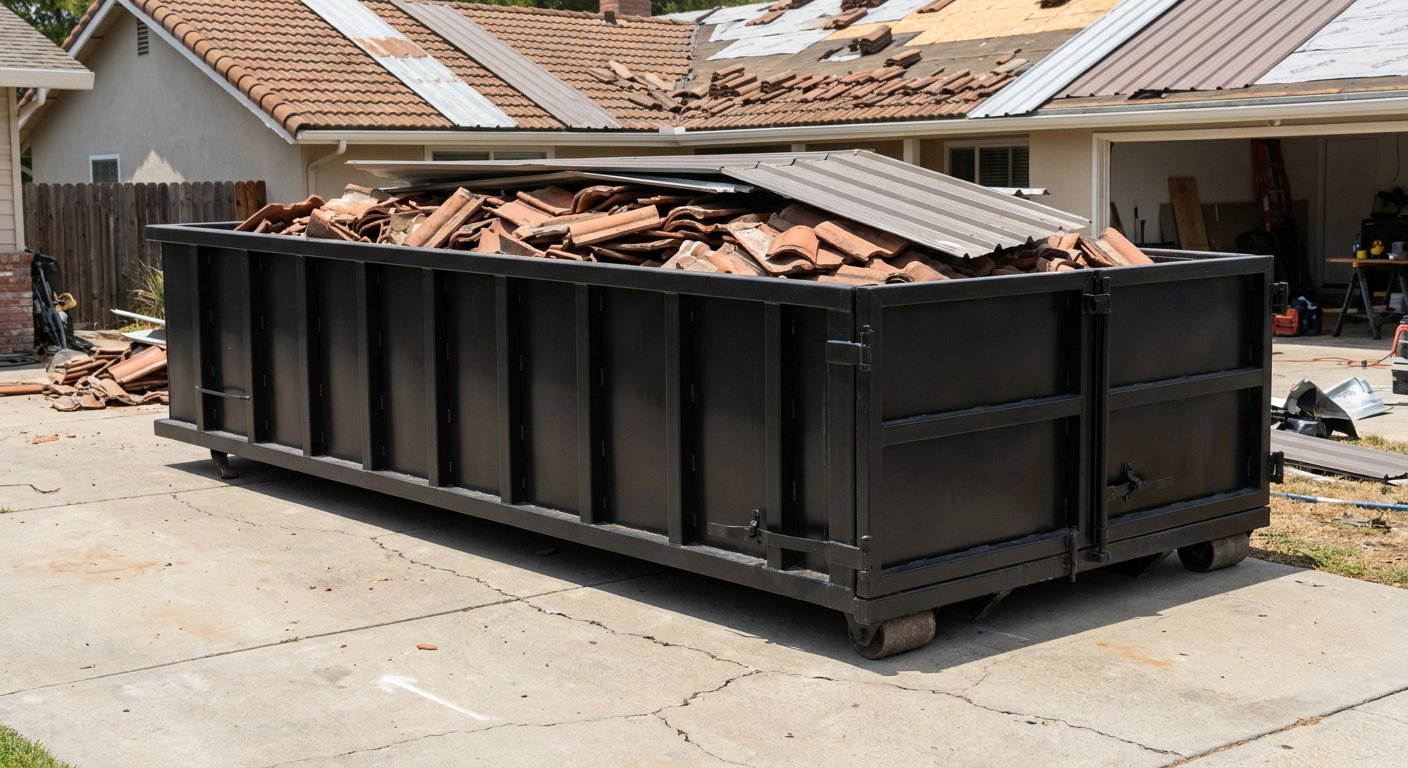 Matte-black low-wall heavy-debris roofing roll-off dumpster sitting directly on a Santa Monica concrete driveway, broken concrete clay roof tiles and metal panel sections loaded inside, reinforced ribbed steel side walls visible, bright outdoor daylight.