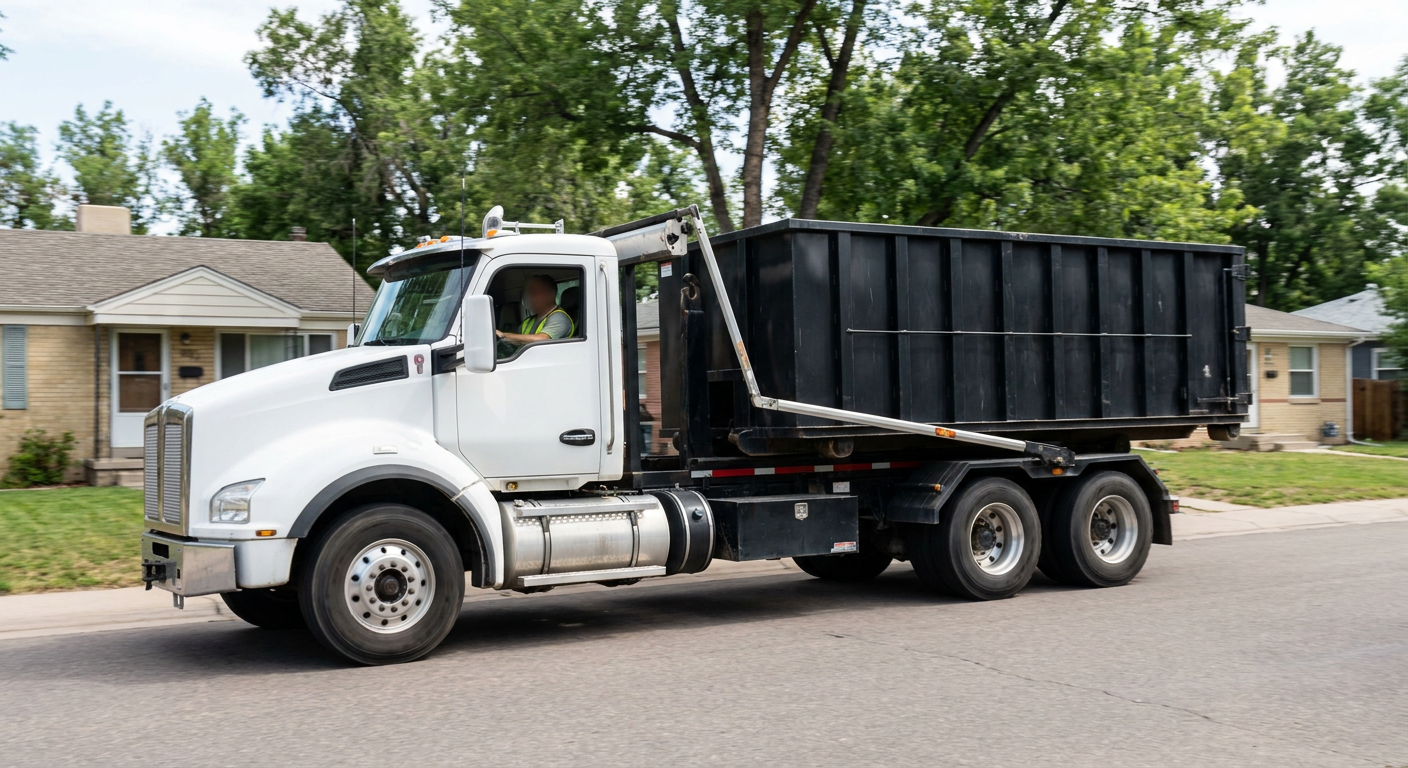 A wide documentary shot of a matte-black roll-off delivery truck pulling onto a quiet Santa Monica residential street at mid-morning, with neighborhood rooftops and tree-lined blocks visible behind, showing the metro coverage footprint.
