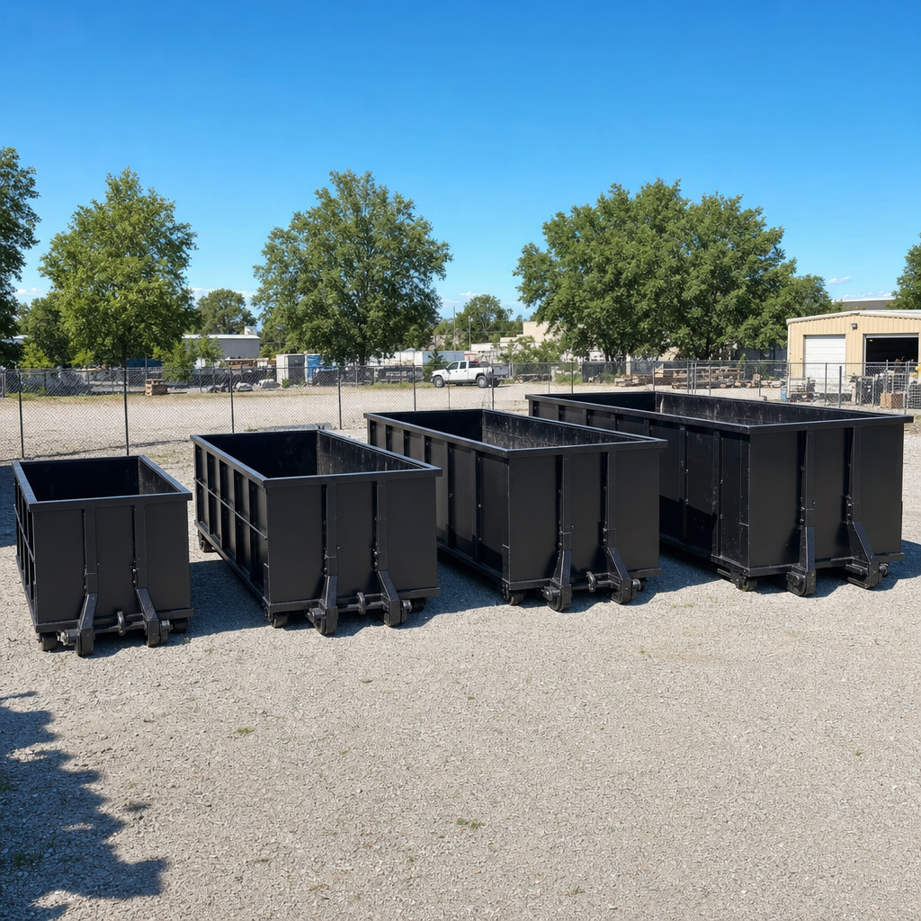 A clean lineup of matte-black roll-off dumpsters in 10, 20, 30, and 40-yard sizes staged on a sunlit gravel yard in Santa Monica, showing the size progression from compact to commercial-scale containers.