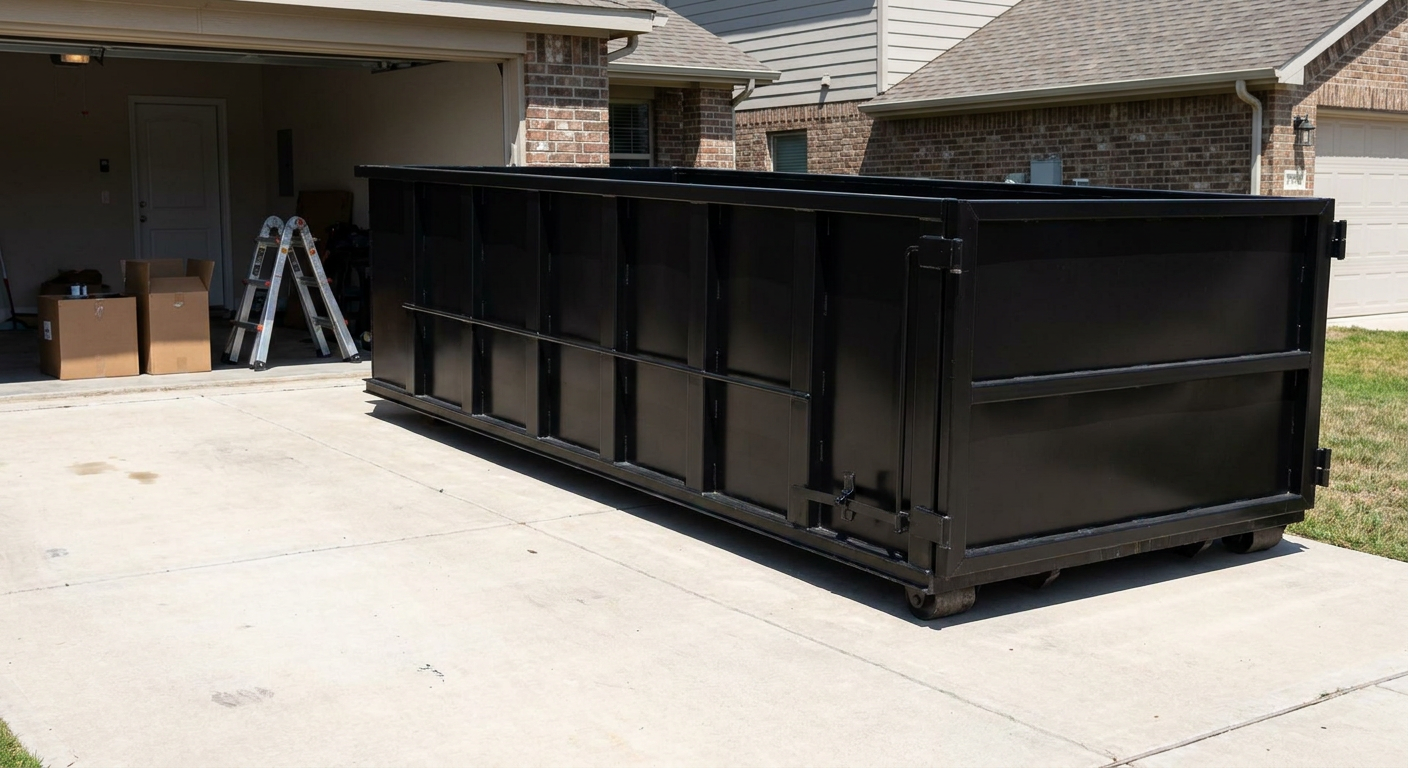 A matte-black 10-yard roll-off dumpster sitting directly on a residential Santa Monica concrete driveway, mid-day sunlight, clean and ready for a garage cleanout.