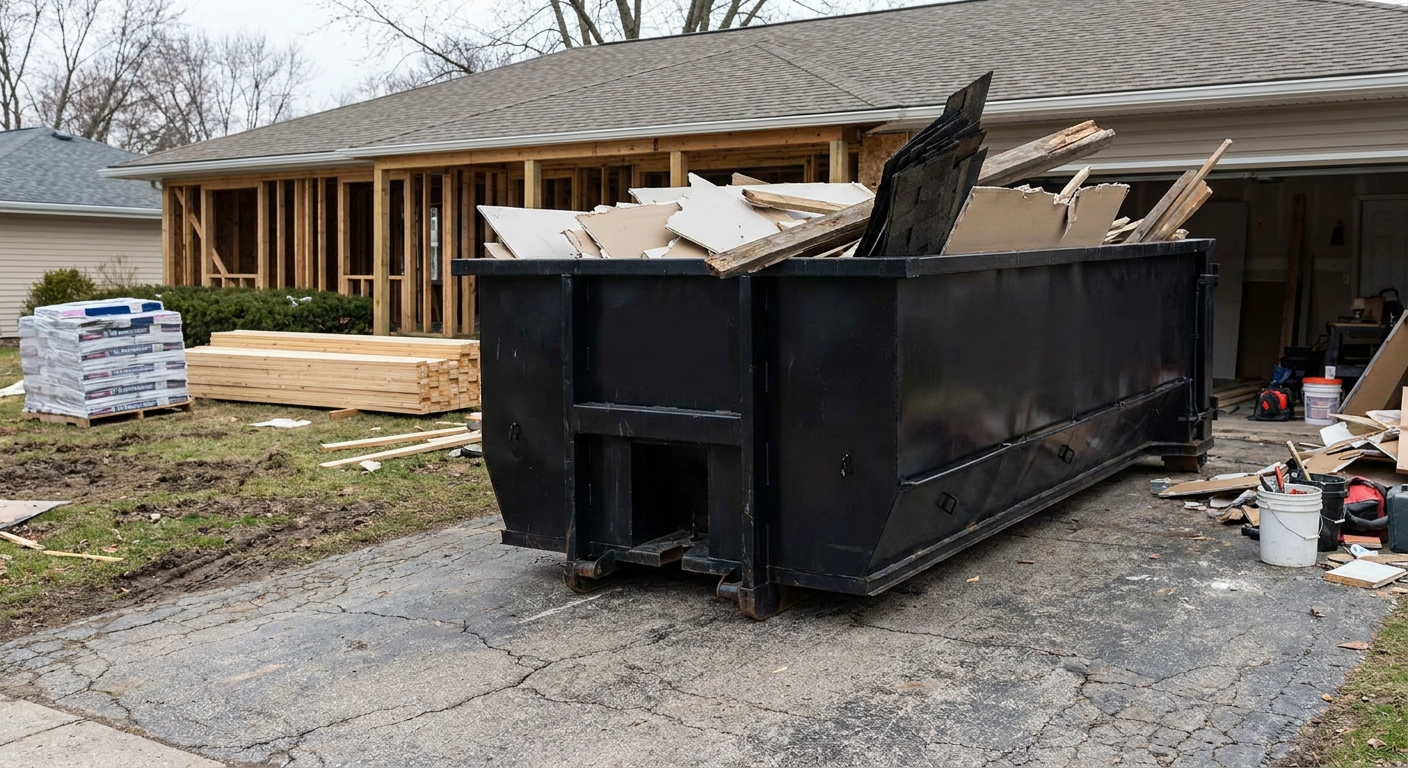 A matte-black 20-yard roll-off dumpster placed alongside a mid-renovation Santa Monica home directly on the asphalt driveway, with framing materials and torn-off shingles staged neatly nearby.