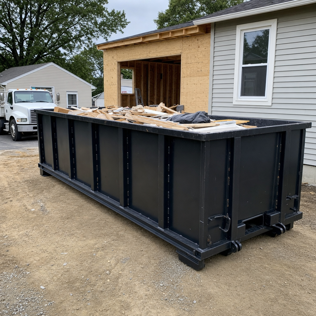 A matte-black 30-yard roll-off dumpster positioned at a Santa Monica residential addition jobsite, with framing lumber and drywall scraps loaded through the open swinging rear doors.