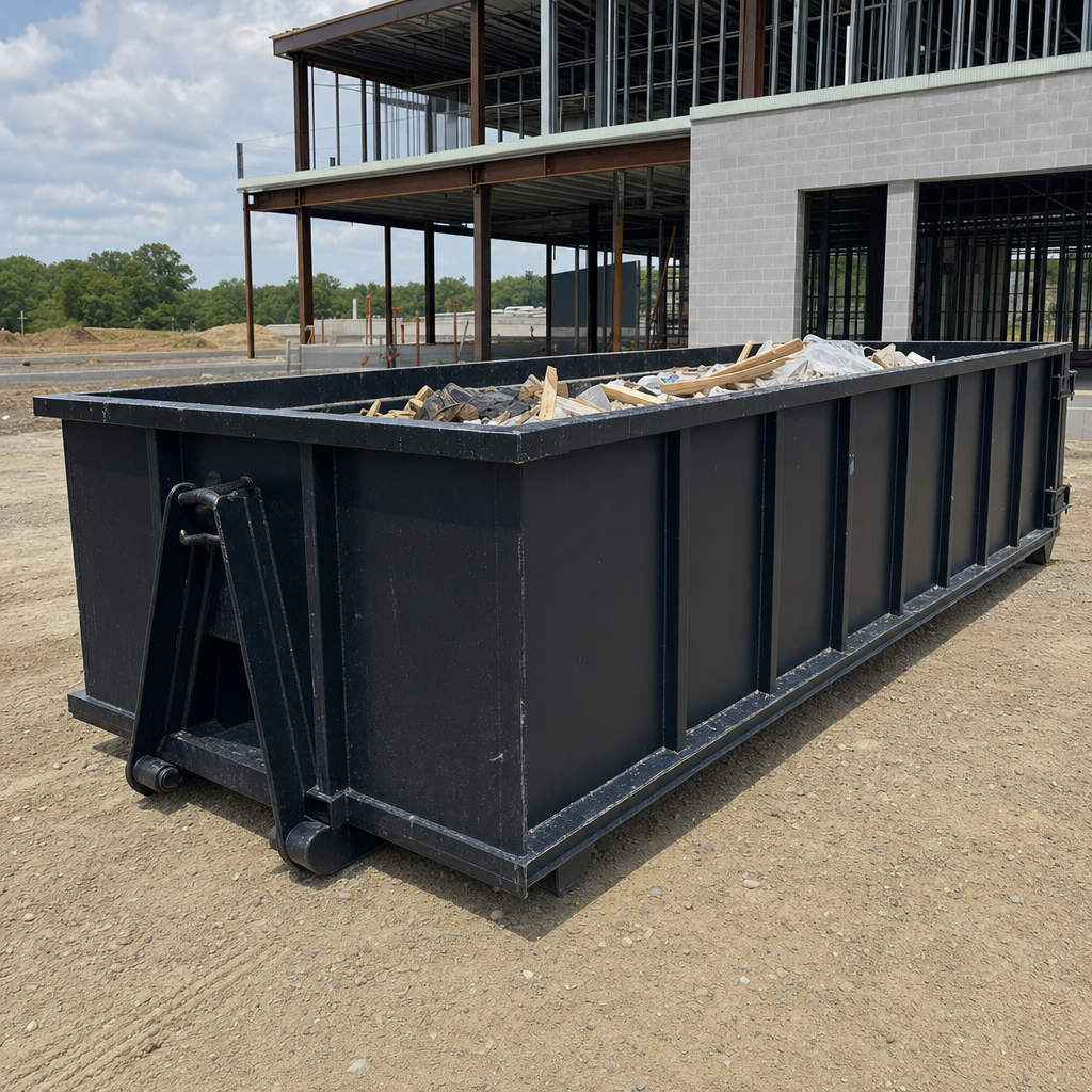 A matte-black 40-yard roll-off dumpster staged on a large Santa Monica commercial construction lot, with a hooklift delivery truck parked alongside under bright midday sky.
