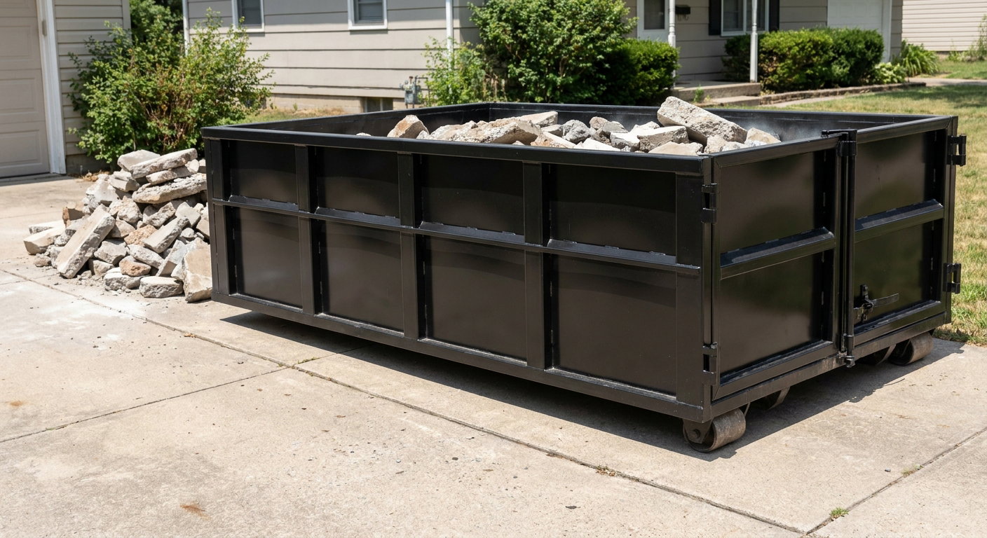 A matte-black low-side heavy-debris roll-off dumpster placed directly on a Santa Monica concrete driveway, with broken concrete chunks neatly stacked beside it under clean daylight.